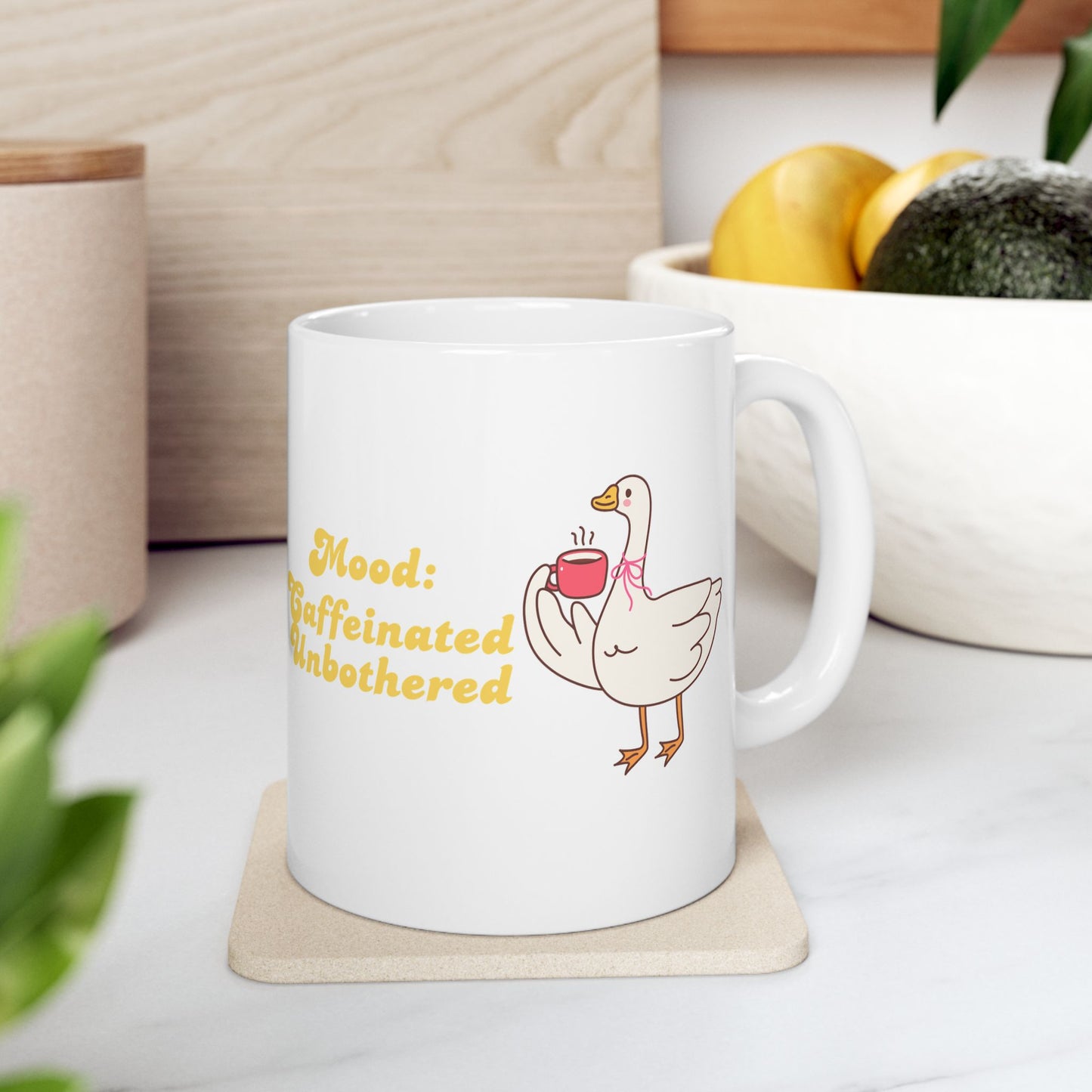 Mood: Caffeinated, unbothered Mug- Funny duck Ceramic Mug 11oz | Funny Morning Coffee Cup for Calm Souls”