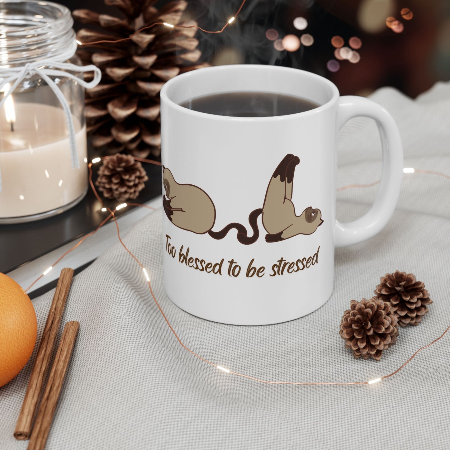 Too blessed to be stressed Mug-Cat Streching Ceramic Mug 11oz | Funny Morning Coffee Cup for Calm Souls”