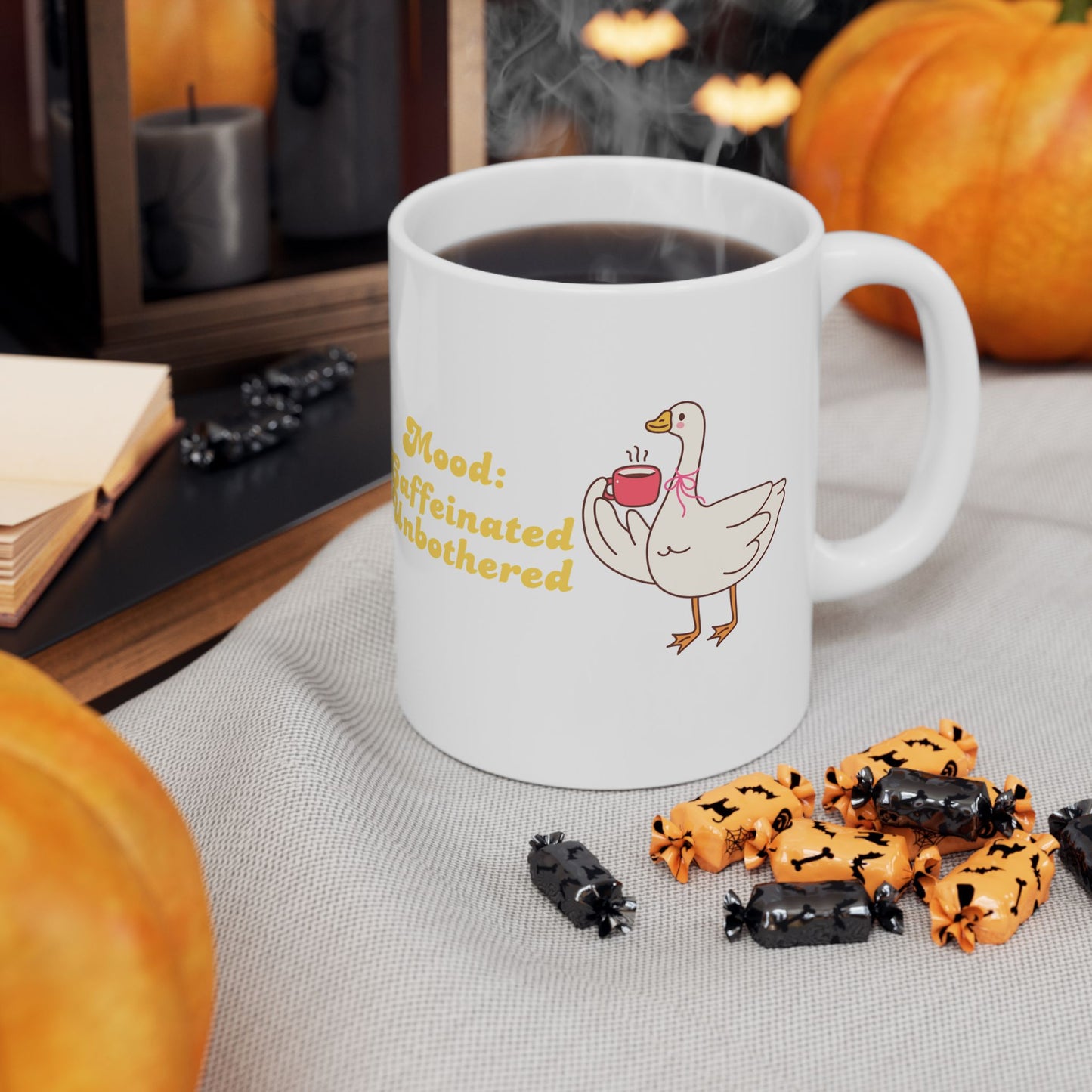 Mood: Caffeinated, unbothered Mug- Funny duck Ceramic Mug 11oz | Funny Morning Coffee Cup for Calm Souls”