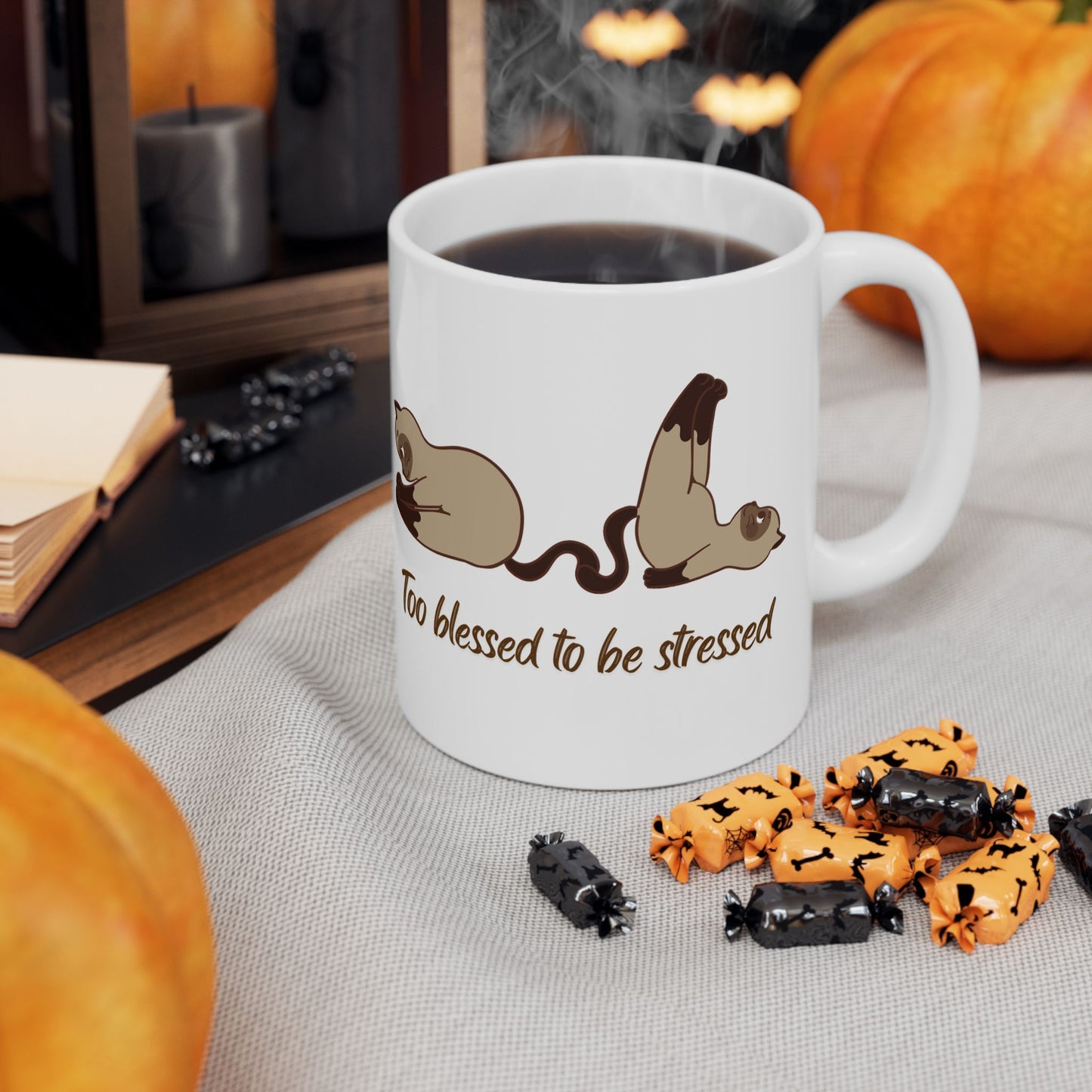 Too blessed to be stressed Mug-Cat Streching Ceramic Mug 11oz | Funny Morning Coffee Cup for Calm Souls”