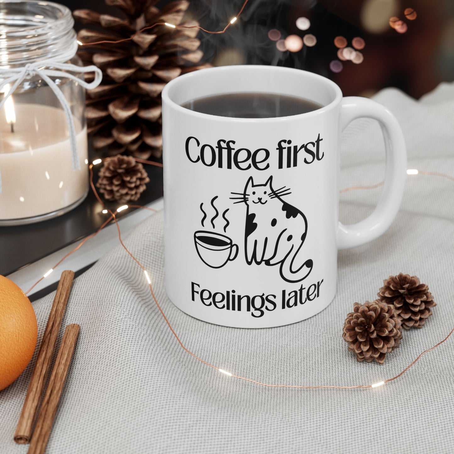 Coffee First, Feelings Later Mug – Funny Cat Ceramic Coffee Mug 11oz | Funny Gift for Coffee Lovers