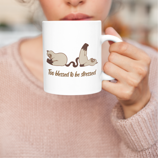 Too blessed to be stressed Mug-Cat Streching Ceramic Mug 11oz | Funny Morning Coffee Cup for Calm Souls”